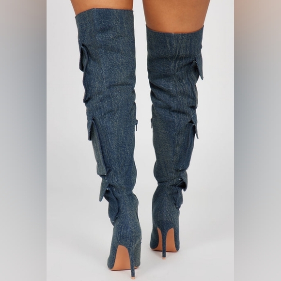 True denim  "Cascading Denim" Elegant Denim Over the Knee Boots (NEW) - Picture 4 of 4